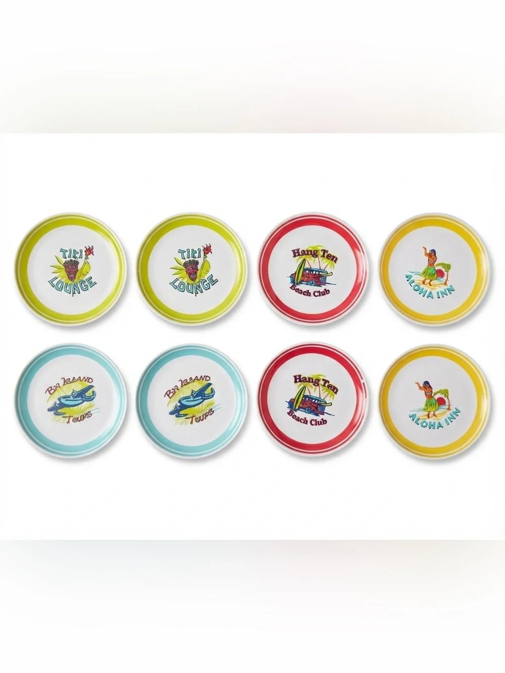 Vintage Lot of 8 Melamine Plates Hawaii Aloha Tiki Beach Hang 10